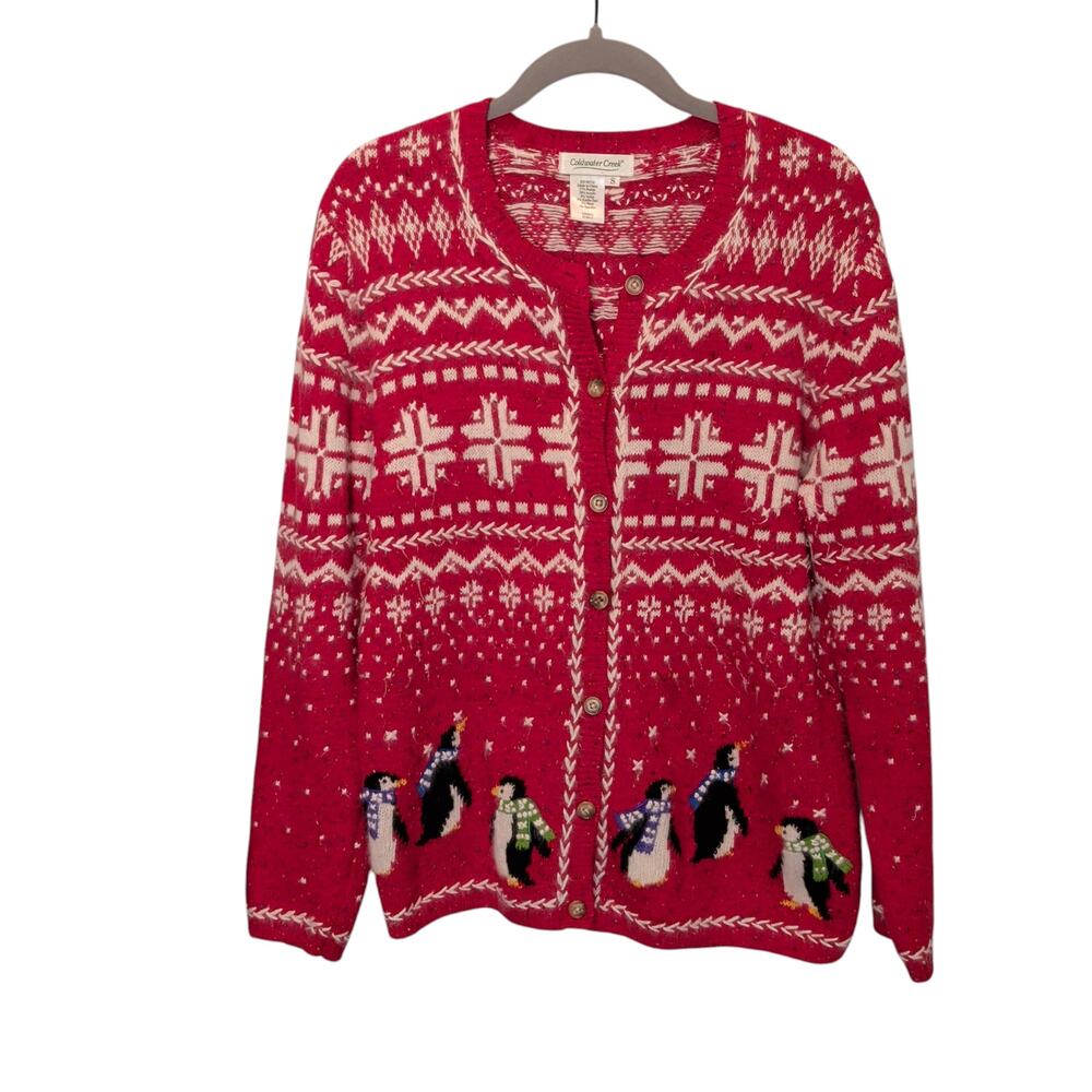 Coldwater Creek Women's Sz S Red Penguin Nordic Cardigan Sweater Rabbit Hair